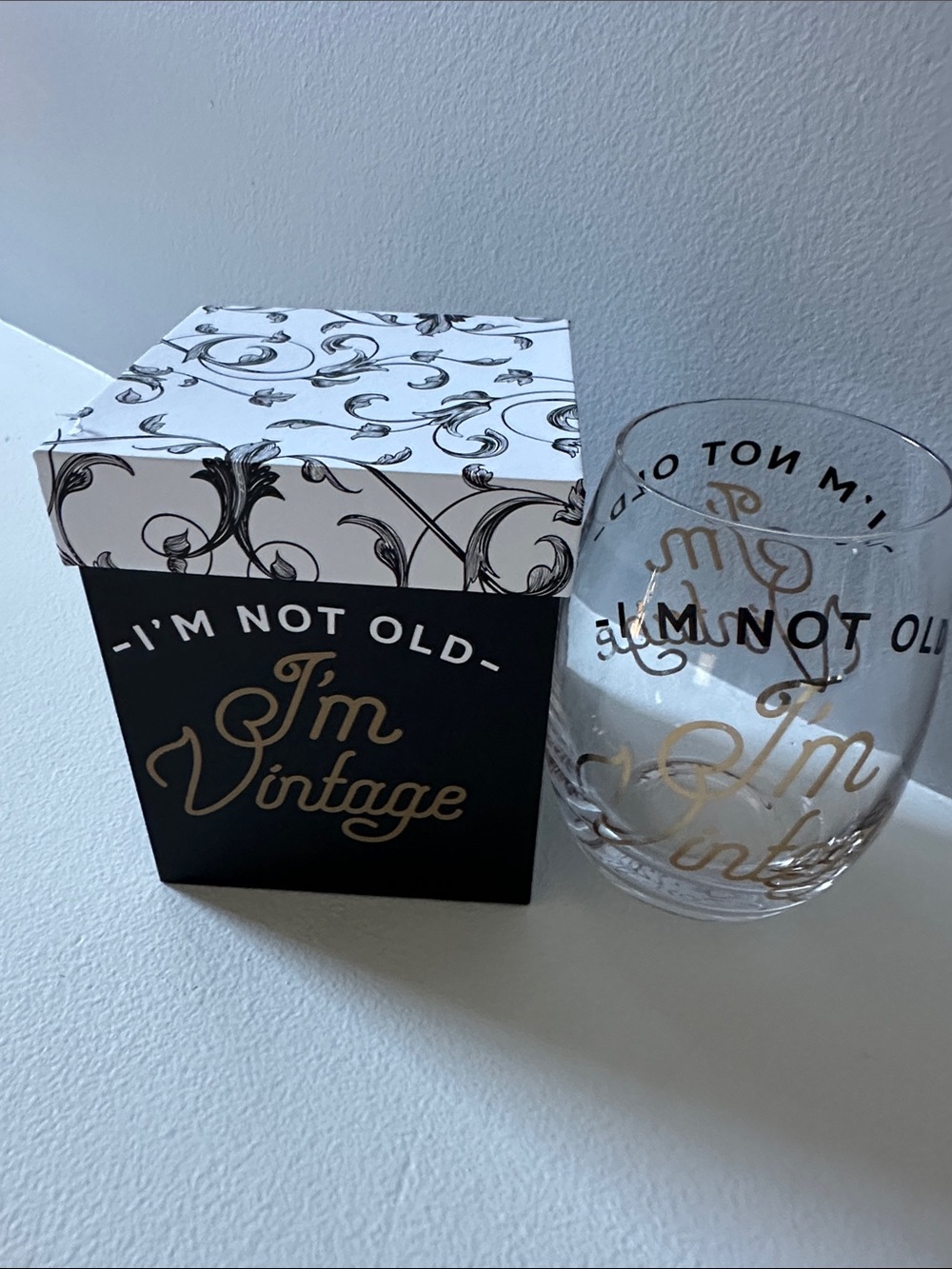 Gold Script Stemless Wine Glass - "I'm Not Old I'm Vintage"